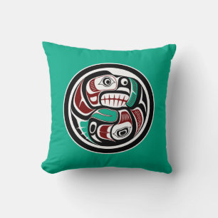 Native American Red Black Graphic Otter Salmon Cushion