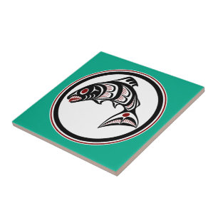 Native American Red Black Graphic Vector Salmon Ceramic Tile