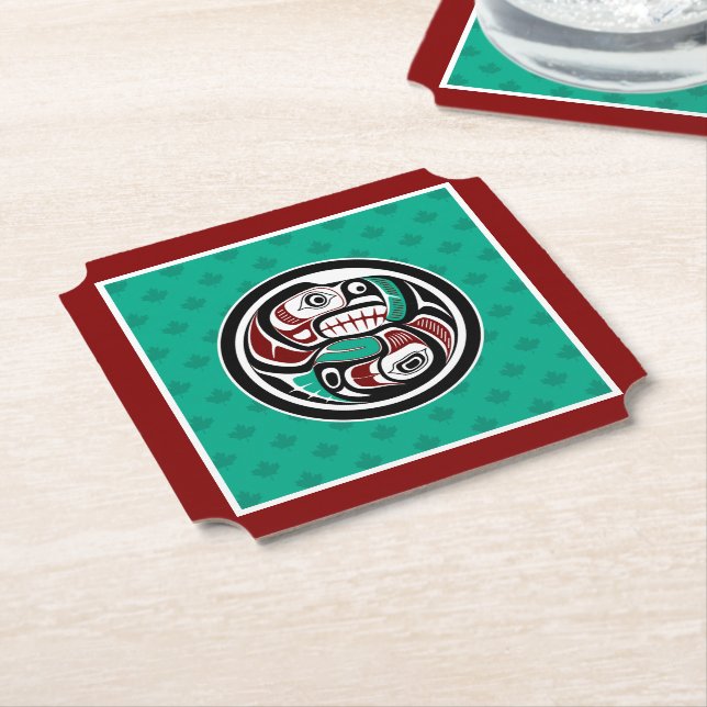 Native American Red Black Green Art Otter Salmon Paper Coaster (Angled)