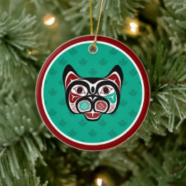 Native American Red Black Green Haida Art Kitty Ceramic Ornament