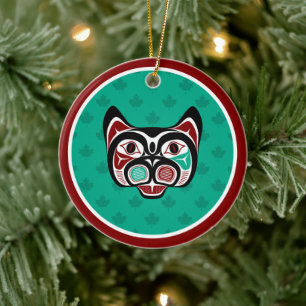Native American Red Black Green Haida Art Kitty Ceramic Ornament