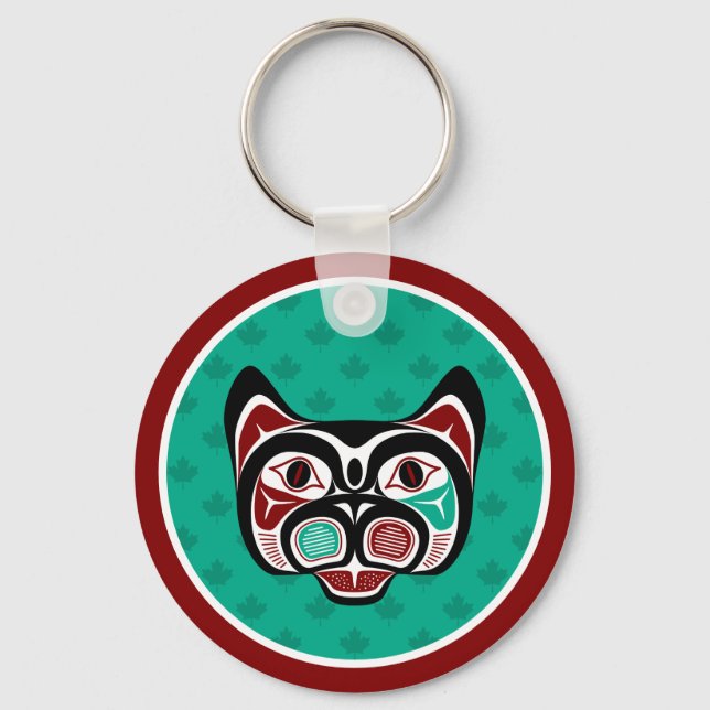 Native American Red Black Green Haida Art Kitty Key Ring (Front)