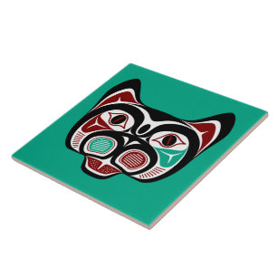 Native American Red Black Green White Art Kitty Ceramic Tile