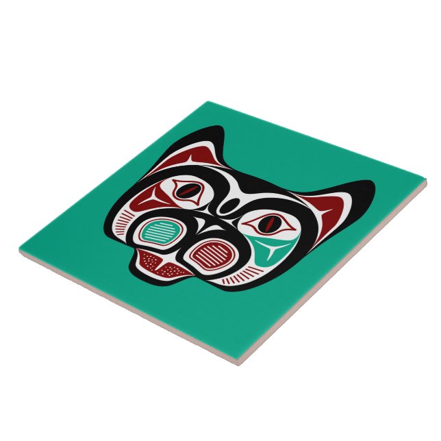 Native American Red Black Green White Art Kitty Ceramic Tile (Side)
