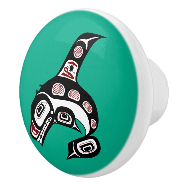 Native American Red Black Haida Art Killer Whale Ceramic Knob (Right)
