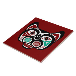 Native American Red Black Haida Art Kitty Ceramic Tile
