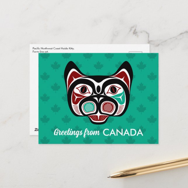 Native American Red Black Haida Art Kitty Postcard (Front/Back In Situ)