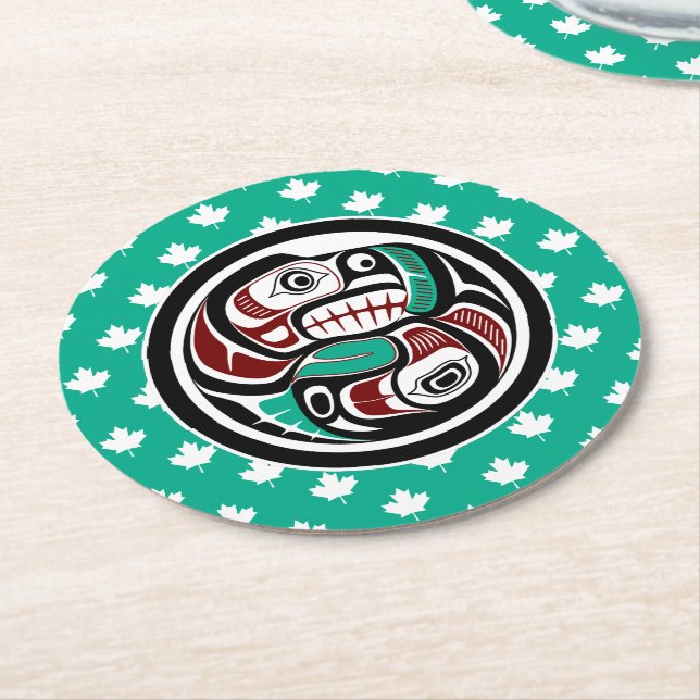 Native American Red Black Haida Art Otter Salmon Round Paper Coaster (Angled)