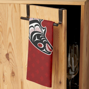 Native American Red Black Haida Art Salmon Tea Towel