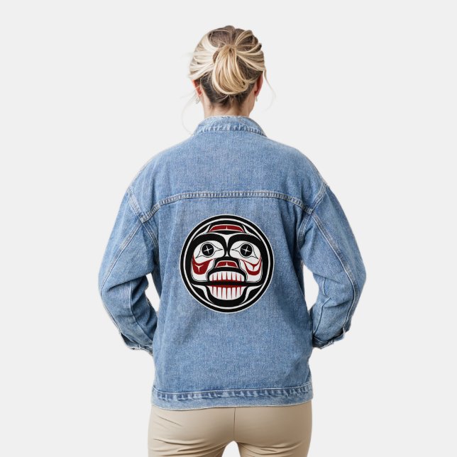 Native American Red Black Haida Art Weeping Skull Denim Jacket (Model)