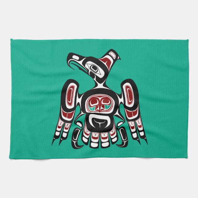Native American Red Black Kaigani Thunderbird Tea Towel (Horizontal)