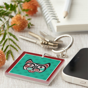 Native American Red Black Vector Art Haida Kitty Key Ring