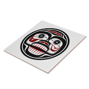 Native American Red Black Vector Art Weeping Skull Ceramic Tile