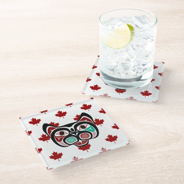 Native American Red Black White Haida Art Kitty Glass Coaster (Angled)
