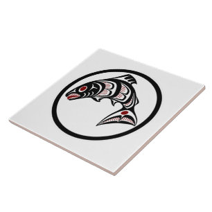Native American Red Black White Haida Art Salmon Ceramic Tile