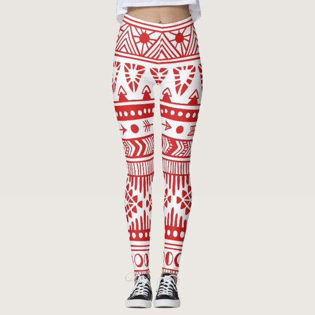 Native American: Red Ink Doodle. Leggings (Front)