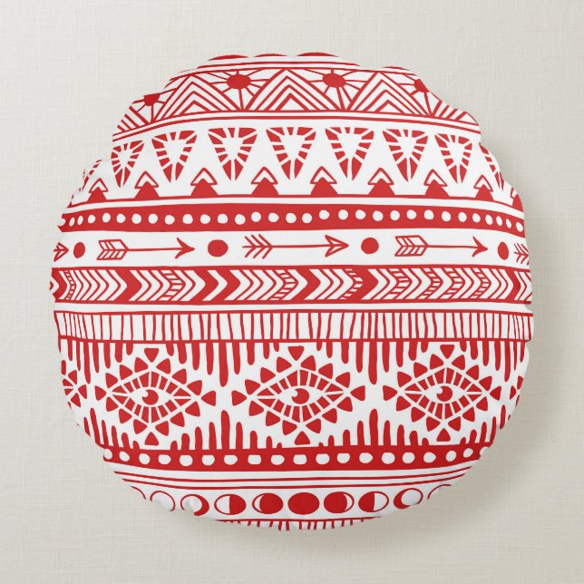 Native American: Red Ink Doodle. Round Cushion (Front)
