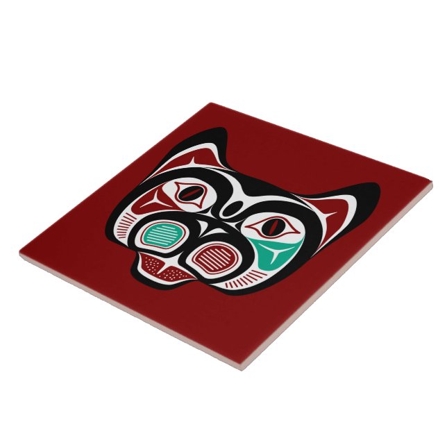 Native American Red White Black Haida Art Kitty Ceramic Tile (Side)