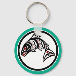 Native American Red White Black Haida Art Salmon Key Ring