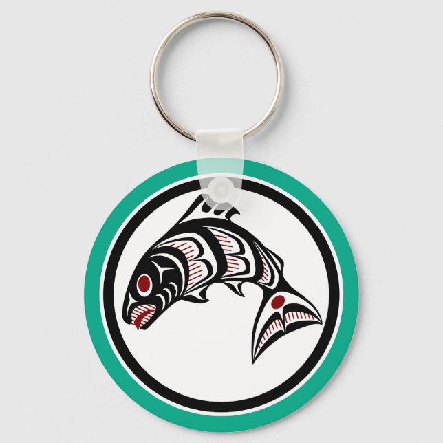 Native American Red White Black Haida Art Salmon Key Ring (Front)
