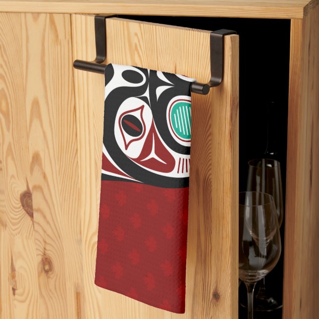 Native American Red White Black Haida Kitty Tea Towel (Thirds Fold)