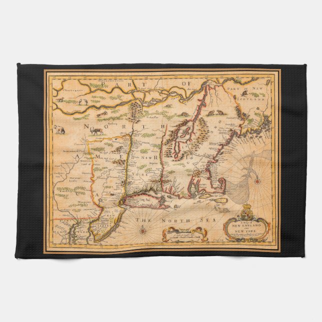 Native American Settlements 1600s New England Map  Tea Towel (Horizontal)