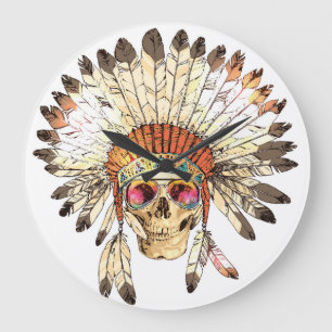 Native American Skull Fashion Illustration Large Clock