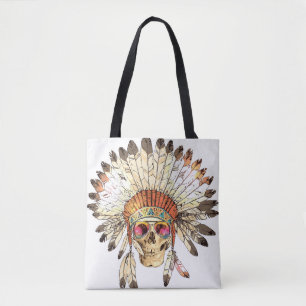 Native American Skull Fashion Illustration Tote Bag
