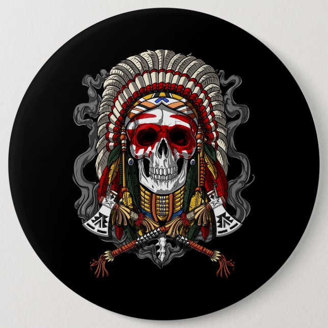 Native American Skull Indian Chief Headdress 6 Cm Round Badge (Front)