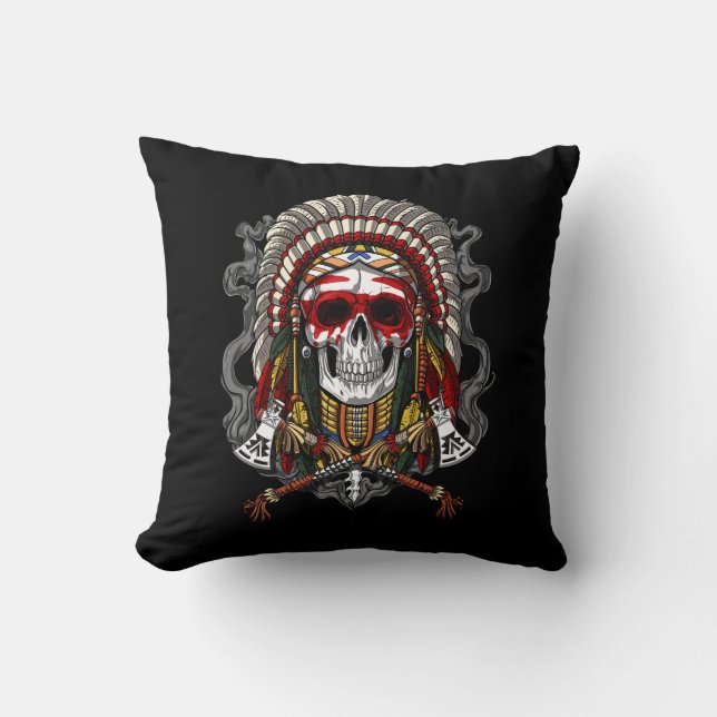 Native American Skull Indian Chief Headdress Cushion (Front)