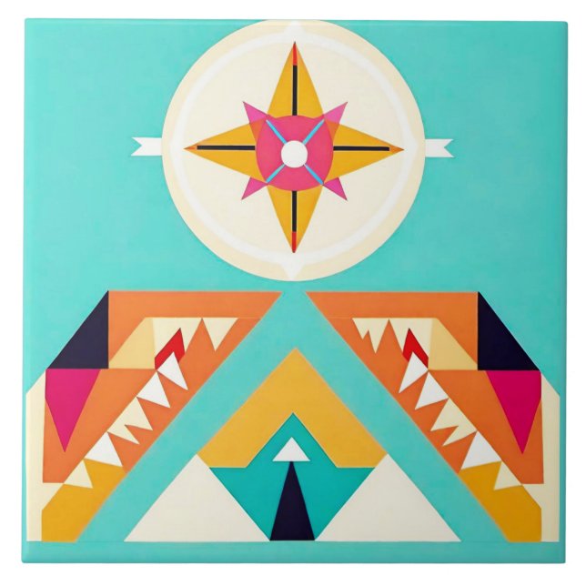 Native American Southwestern Tribal Inspired Art Ceramic Tile (Front)