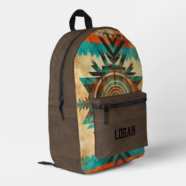 Native American Sunburst on Brown Suede Printed Backpack (Back Corner Left)