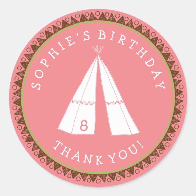 Native American Tipi Pink Birthday Classic Round Sticker (Front)