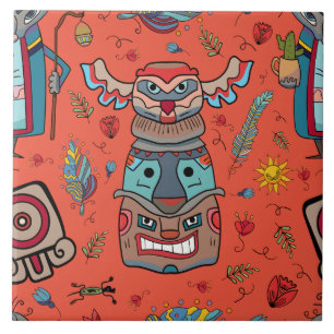 Native American Totem Orange Ceramic Tile