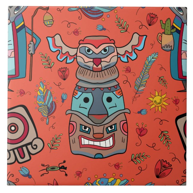 Native American Totem Orange Ceramic Tile (Front)