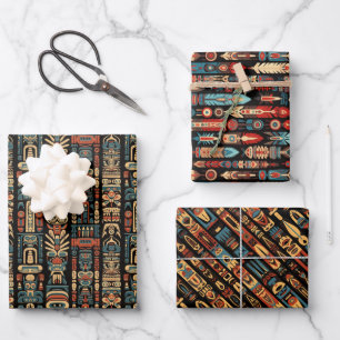 Native American Totem Poles and Feathers Design Wrapping Paper Sheet