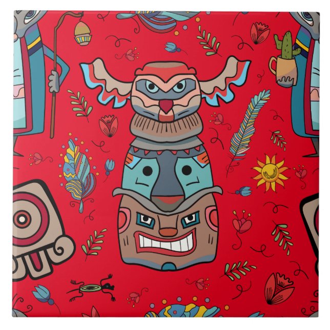 Native American Totem Red Ceramic Tile (Front)