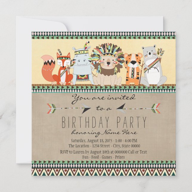 Native American Tribal Animal Kids Birthday Party Invitation (Front)