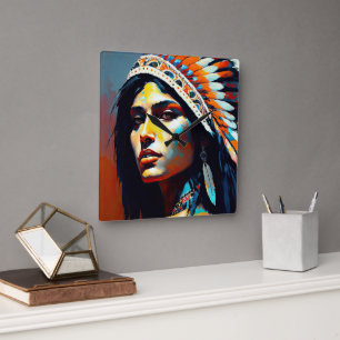 Native American Warrior Princess Square Wall Clock
