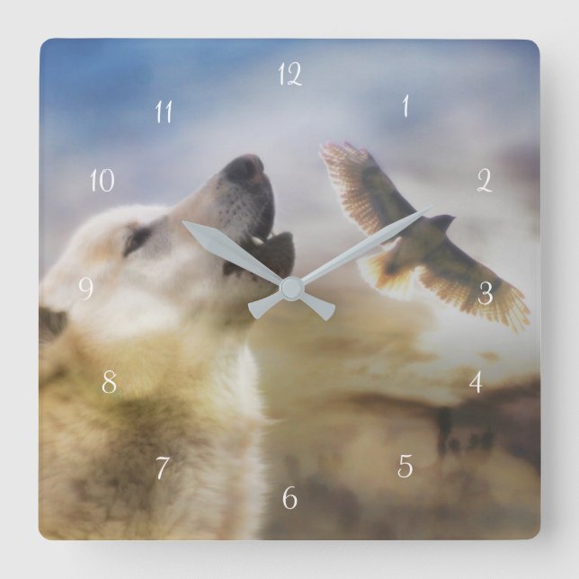 Native American Wolf and Red Tail Hawk Square Wall Clock (Front)