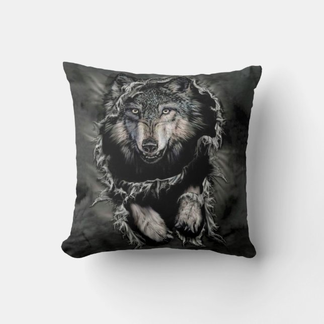 Native American Wolf Black Stone Art Cushion (Front)