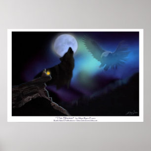 Native American, Wolf, Eagle & Moon Poster