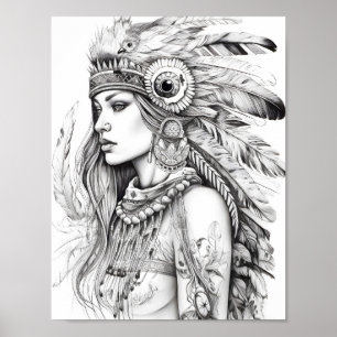Native American Woman Adult Colouring Poster