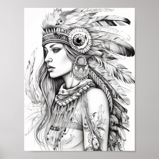 Native American Woman Adult Colouring Poster (Front)