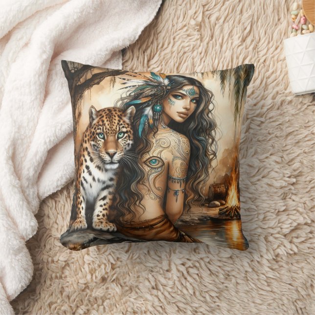 Native American Woman and Tiger by Waterfall Cushion (Blanket)