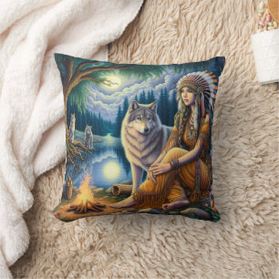 'Native American Woman and Wolf by Lake' Cushion