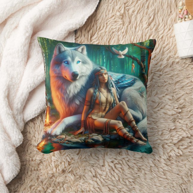 Native American Woman and Wolf by Tranquil Water Cushion (Blanket)