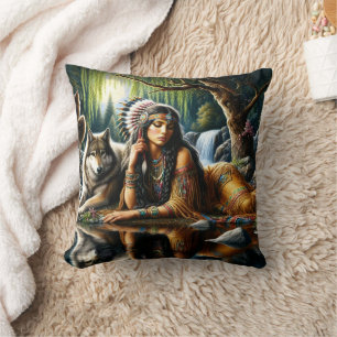 Native American Woman and Wolf By Tranquil Water Cushion