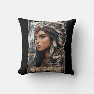 Native American woman and wolf vintage design Cushion