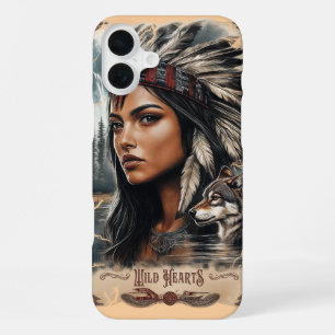 Native American woman and wolf vintage design iPhone 16 Plus Case